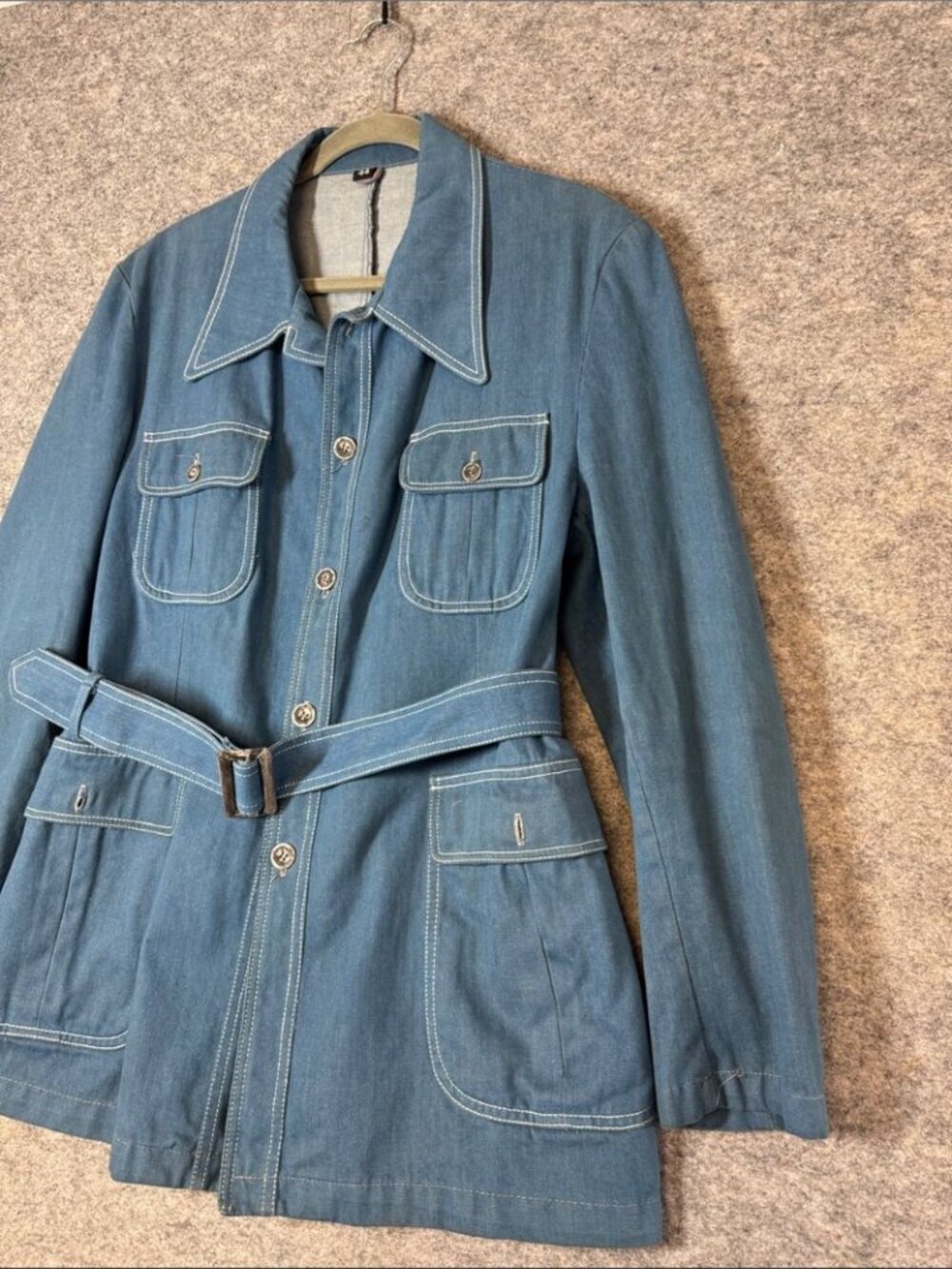 Vintage Belted Denim Jacket Blue Size 44 Mod Retro Utility Blazer Shacket Unisex - Picture 3 of 15